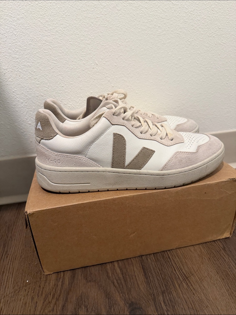 Veja V-90 Leather Sneakers in White Taupe